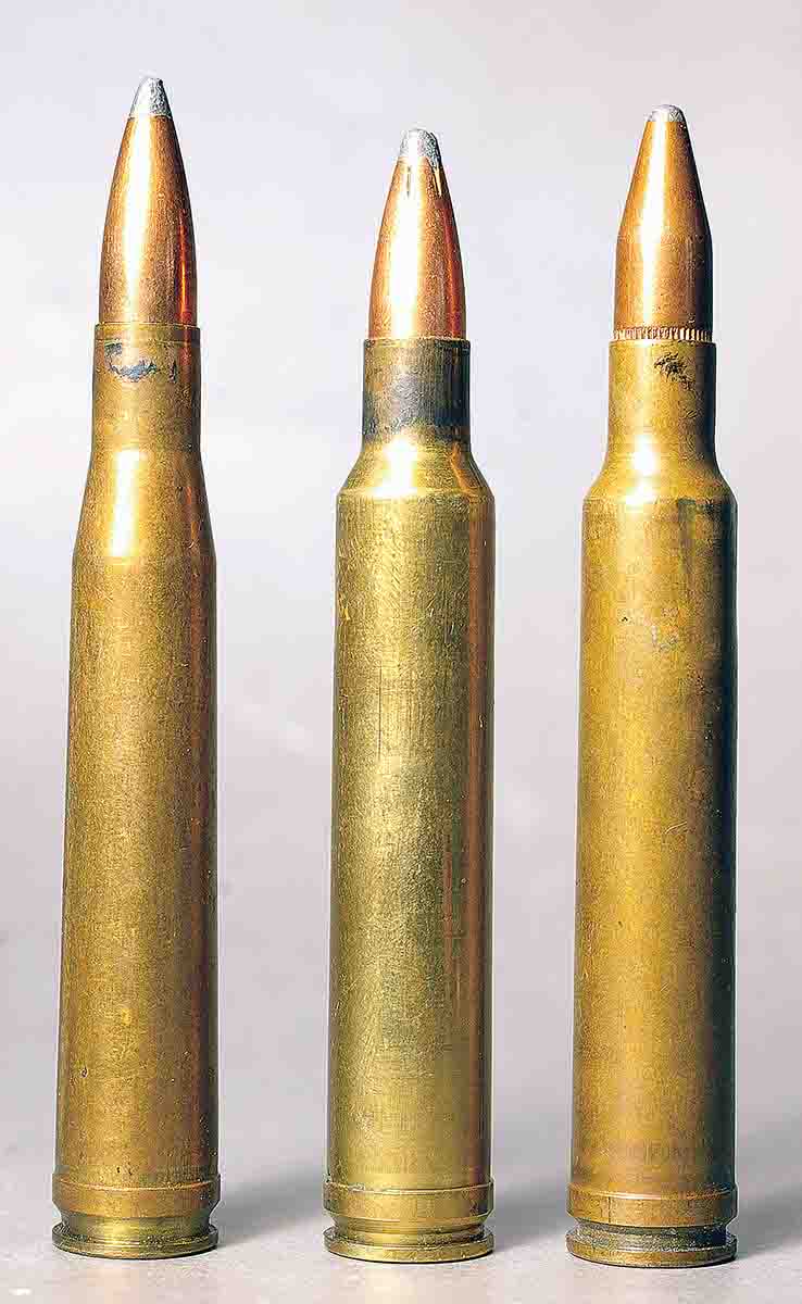 Three .300 magnum cartridges (left to right): .300 H&H, .300 Ackley Improved and .300 Weatherby Magnum.